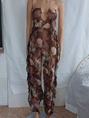 New Fashion Nova Brown Floral Sheer Ruffle Jumpsuit Size S